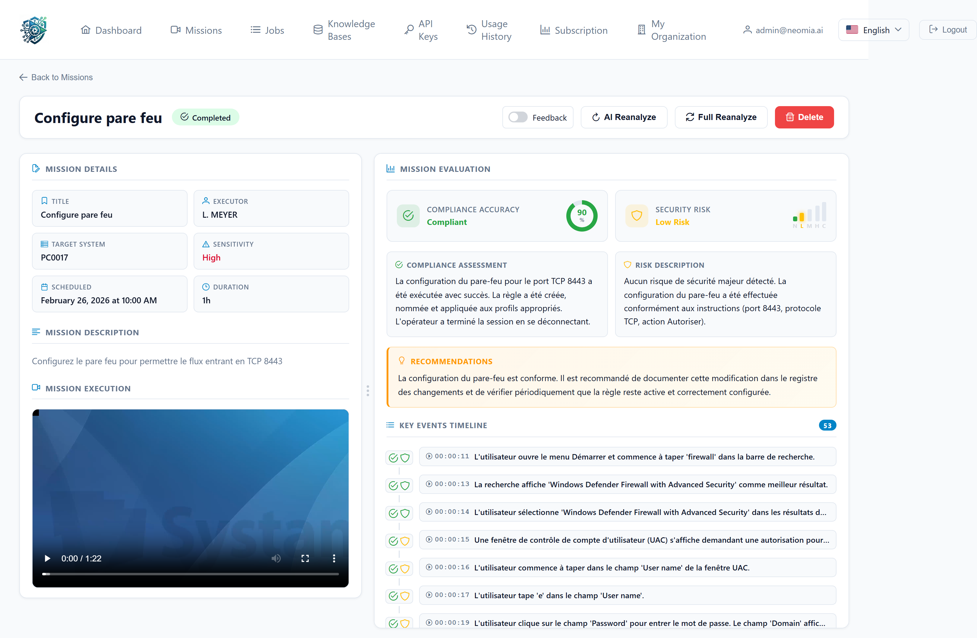 Mission analysis view with video player and AI assessment