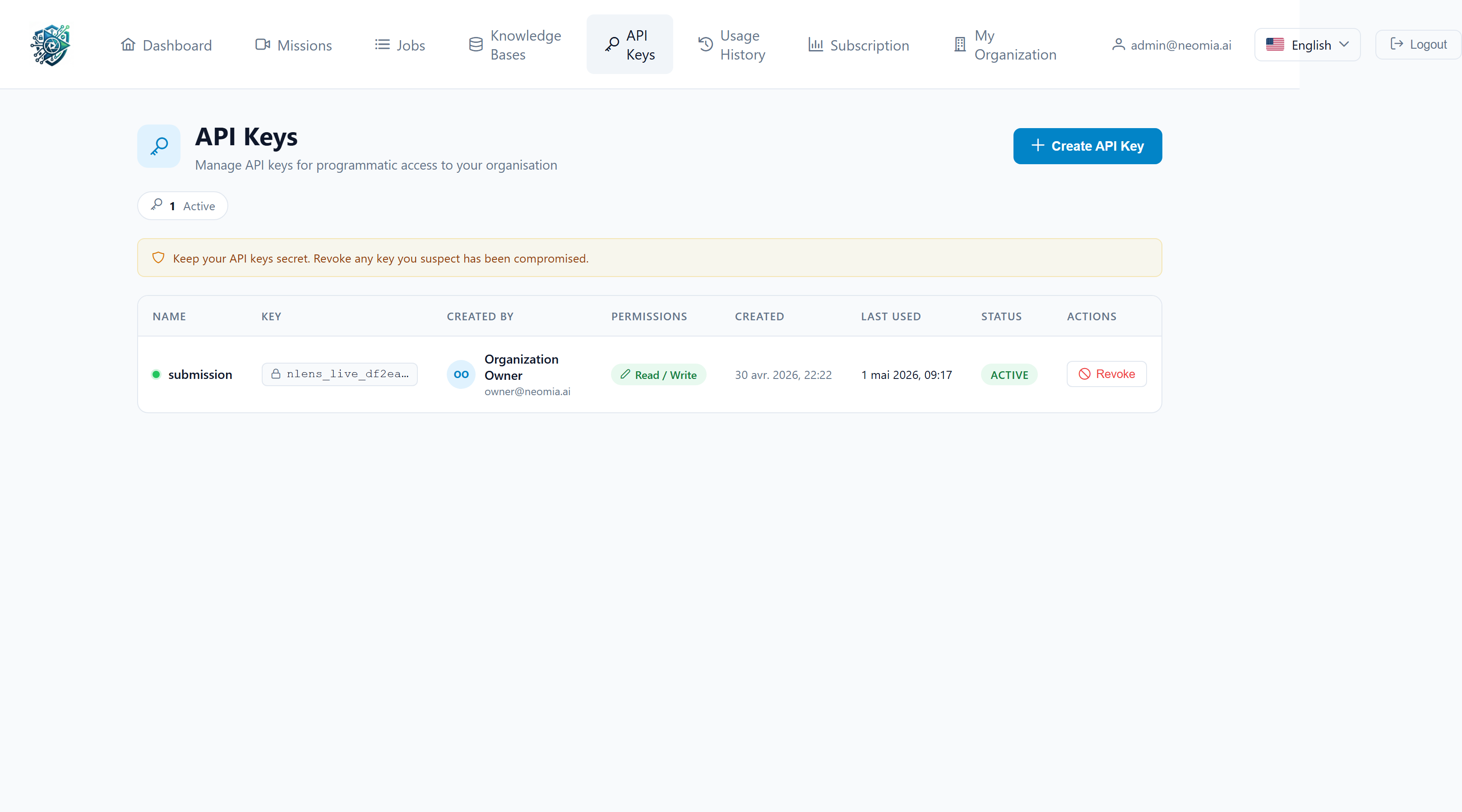 API Keys page