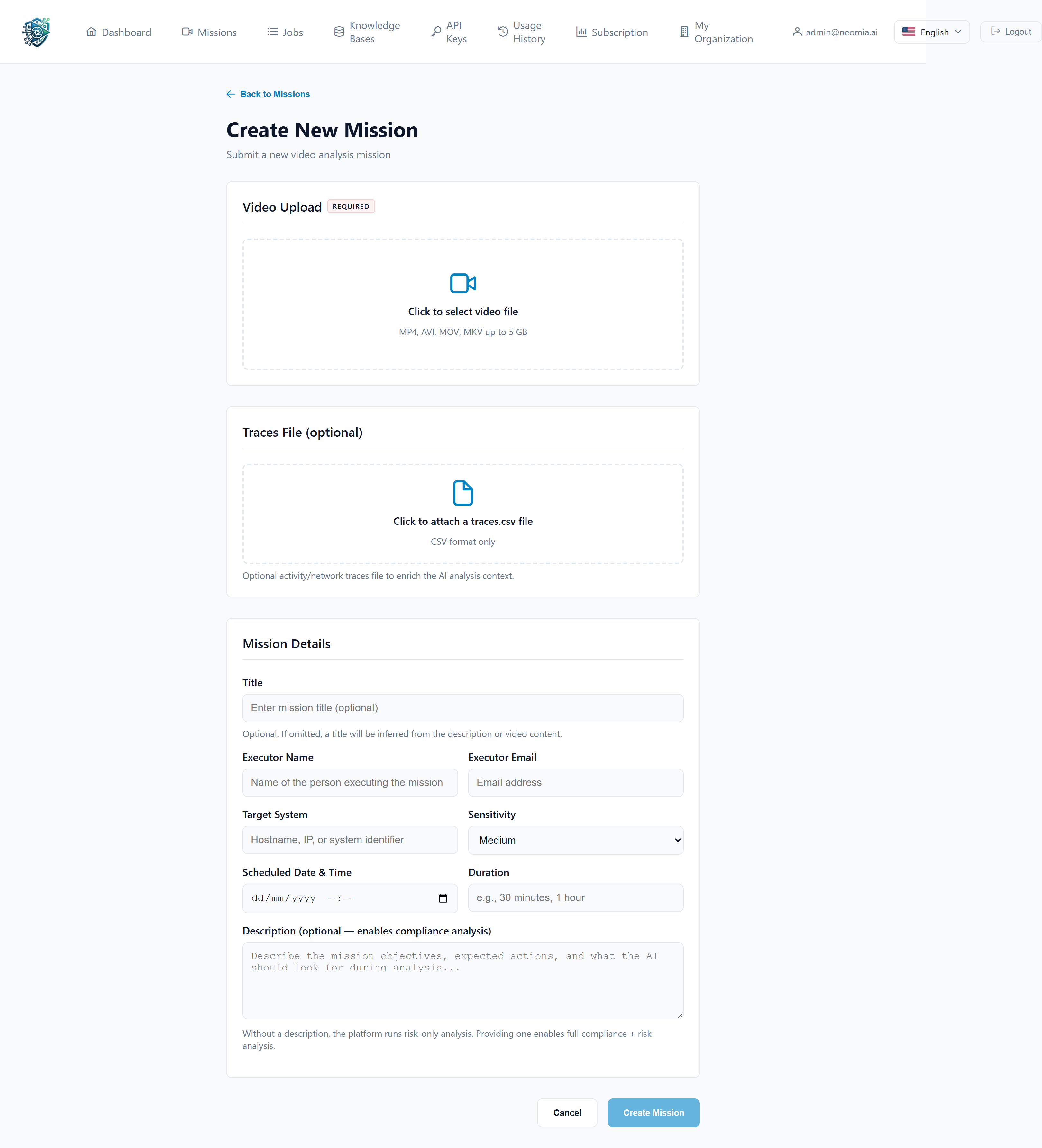 Create New Mission form
