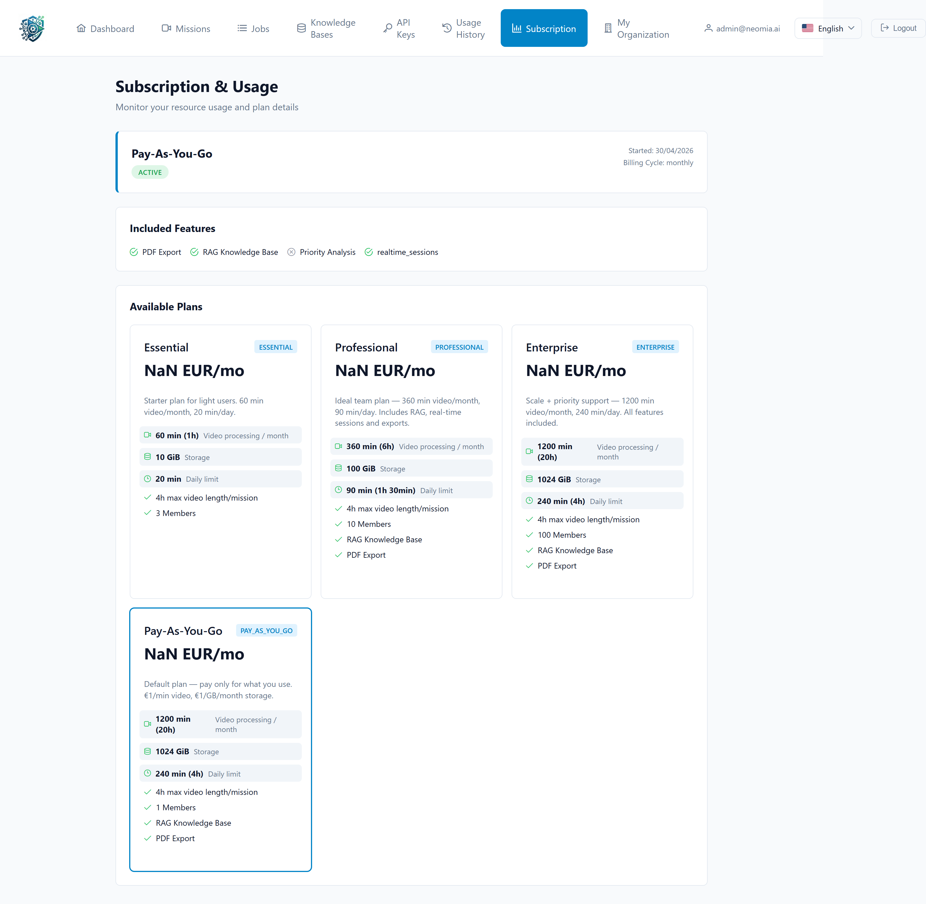 Subscription & Usage page