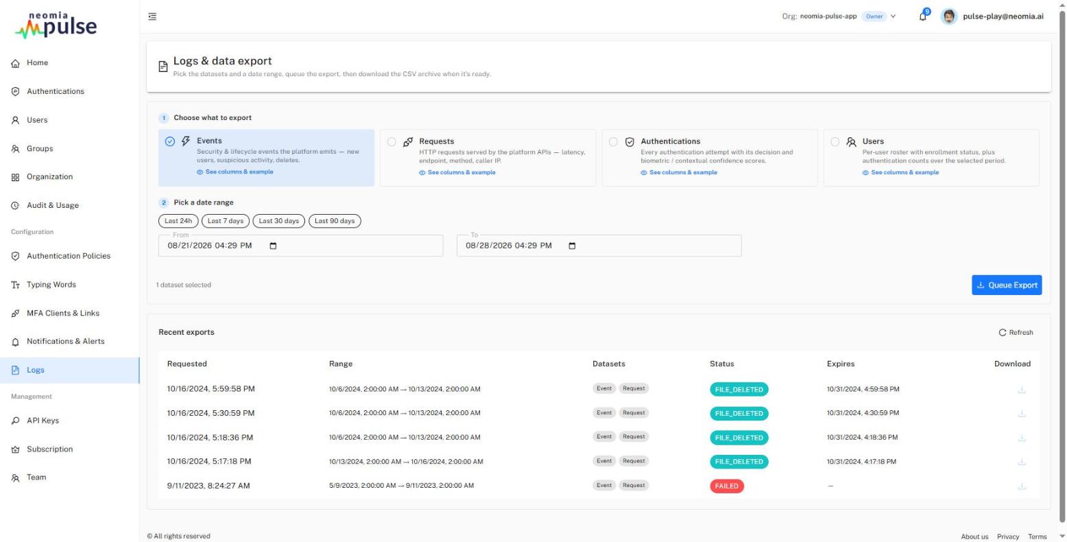 Logs & data export page